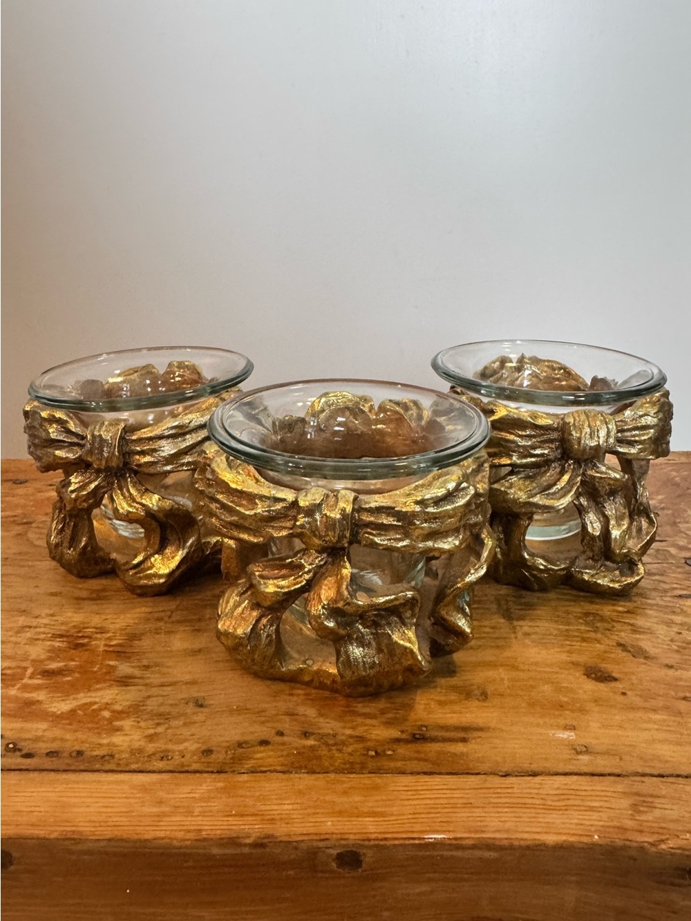 Vintage Gold Tone Bow Resin and Glass Votive Candle Holders
